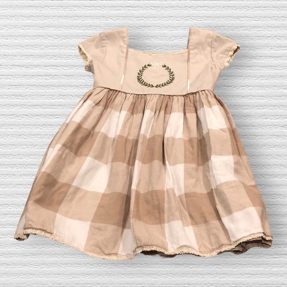 Little Silver Swan 5 Beige Gingham Wreath Embroidered Christmas Caroling Dress